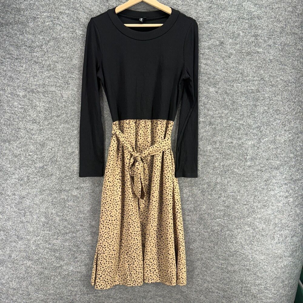 Zattcas Dress Women M Medium Black Animal Print Sheath Midi Belted Rayon Casual